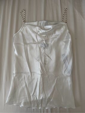 Nicole Miller White Satin Cowl Neck Tank with Pearl Straps